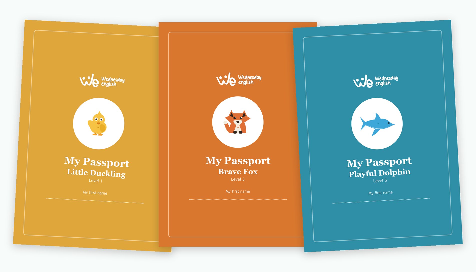 Trois passeports Wednesday English : Little Duckling, Brave Fox et Playful Dolphin